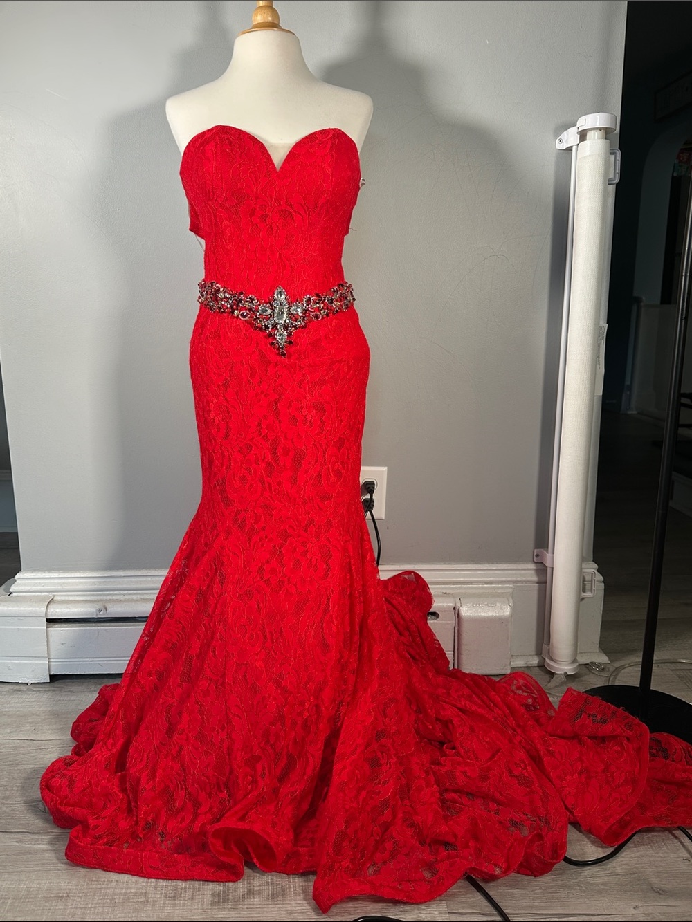 Red Lace Mermaid Style Prom Dress